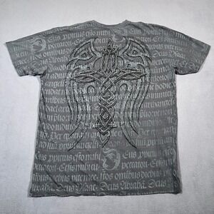 Vintage Affliction Cross Shirt Men 2XL Gray AOP Graphic Wings Y2K Distressed USA
